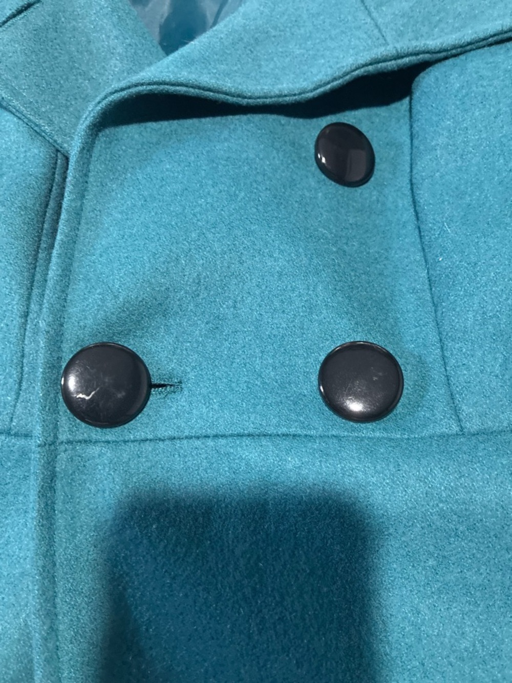 Women’s S Teal Mid-Length Pea Coat Bow Accent Double-Breasted Collared Long slv - Picture 3 of 14